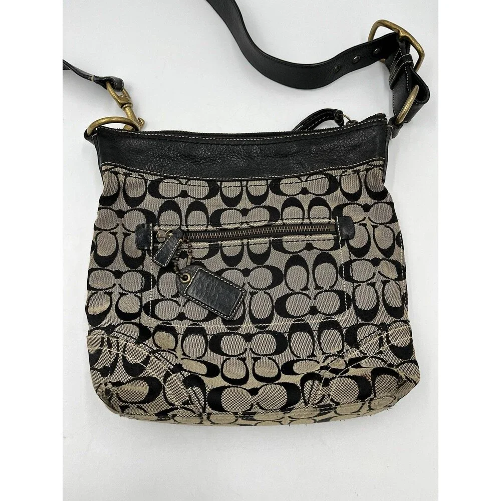Coach Signature Monogram Canvas Crossbody Bag Black Tan Leather Trim Messenger